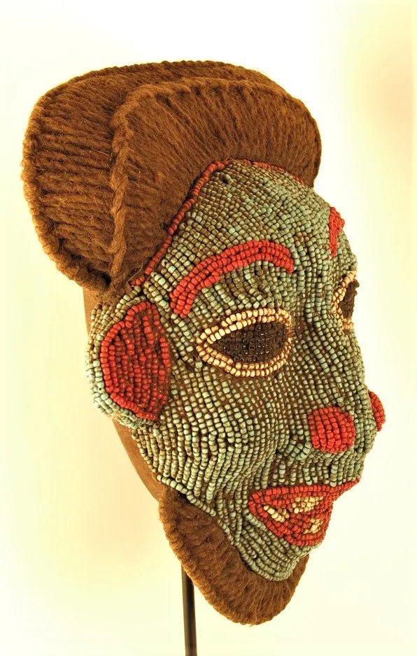 Blue and Red Bamileke Beaded Mask