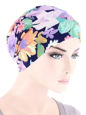 Cloche Cap Navy Lilac Bold Floral