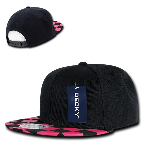 Decky 1095 Checkered Bill Snapback Hat, 6 Panel Flat Bill Check Pattern Cap