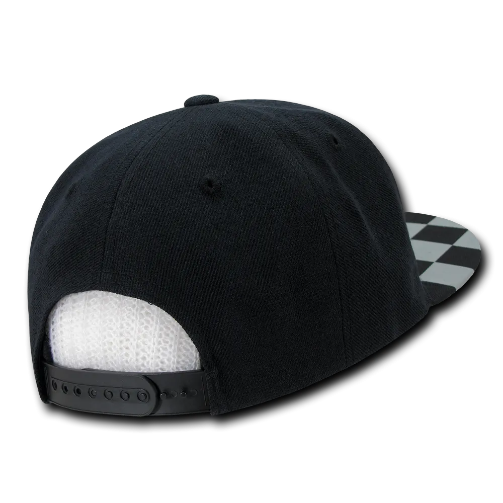 Decky 1095 Checkered Bill Snapback Hat, 6 Panel Flat Bill Check Pattern Cap