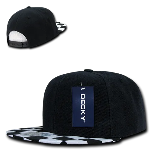 Decky 1095 Checkered Bill Snapback Hat, 6 Panel Flat Bill Check Pattern Cap