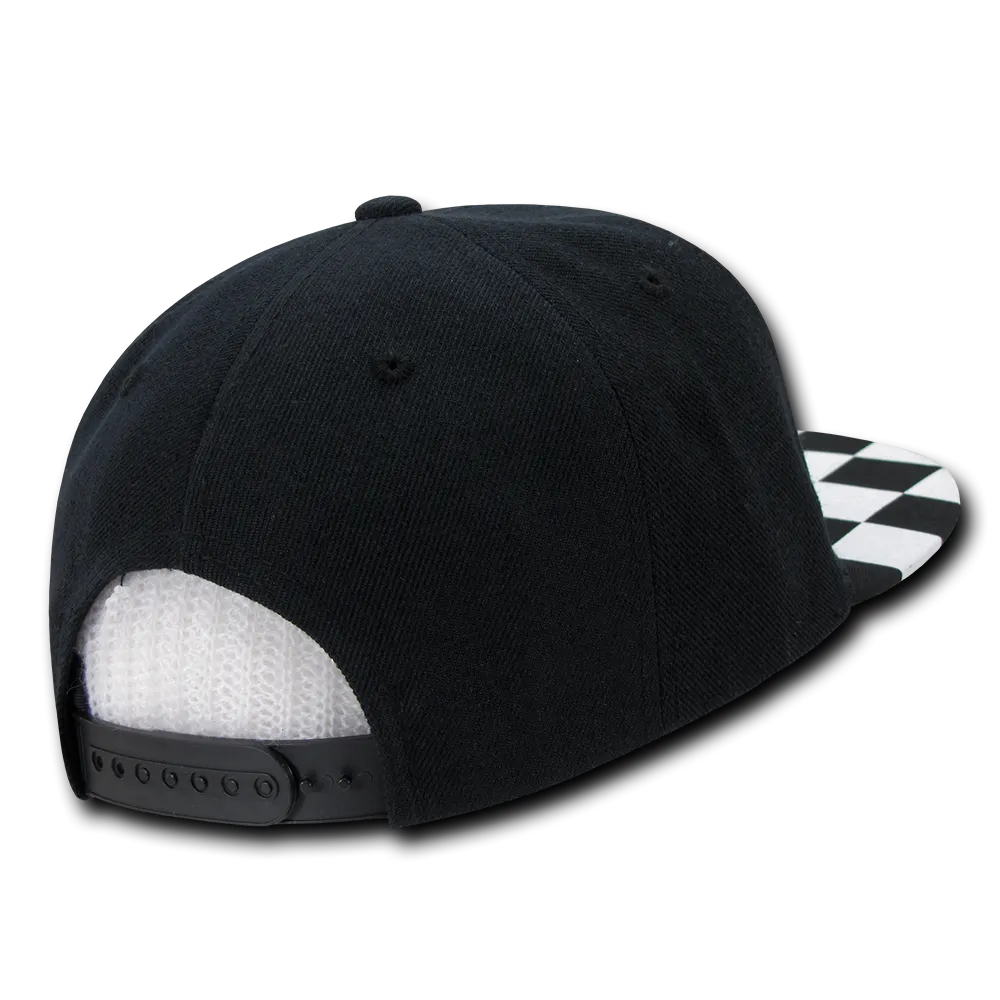 Decky 1095 Checkered Bill Snapback Hat, 6 Panel Flat Bill Check Pattern Cap