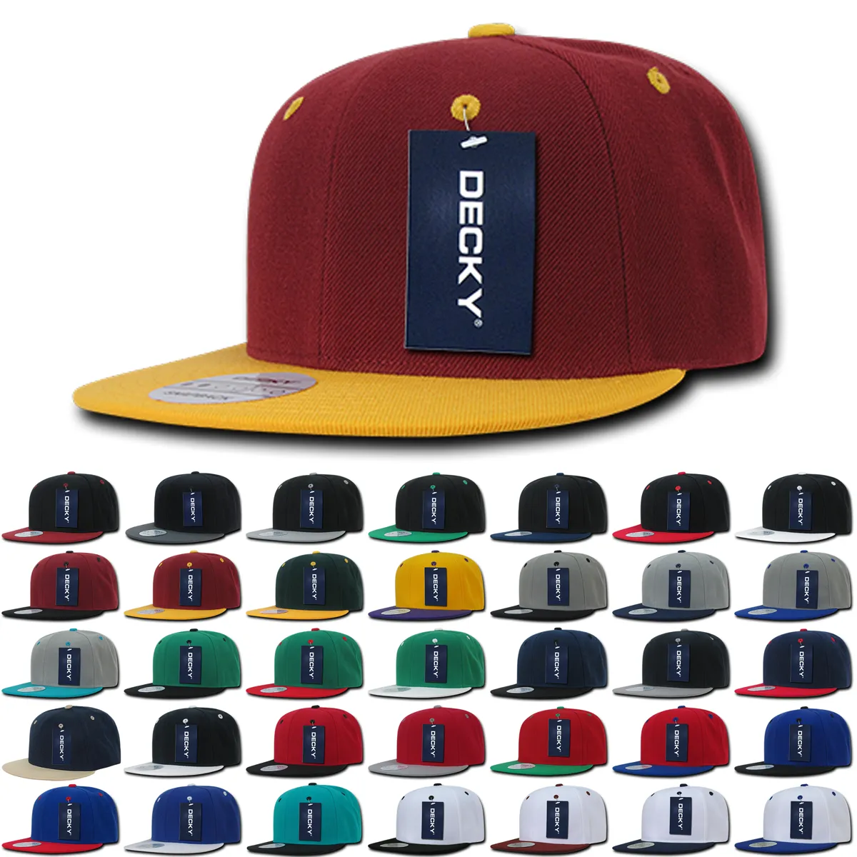 Decky 351 - Blank 2-Tone Snapback Hat, 6 Panel Flat Bill Cap - CASE Pricing