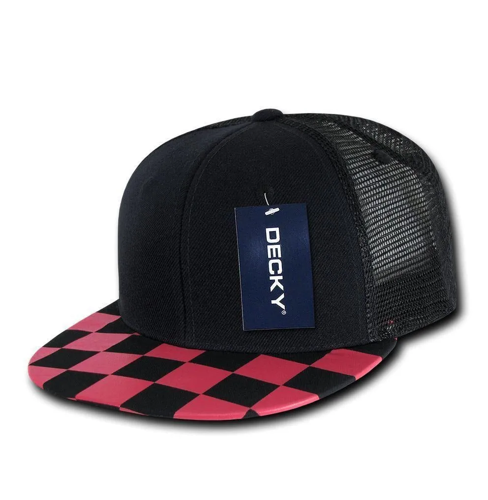 Decky Flat Bill Checkered Racing Flag 6 Panel Trucker Hats Caps Snapback