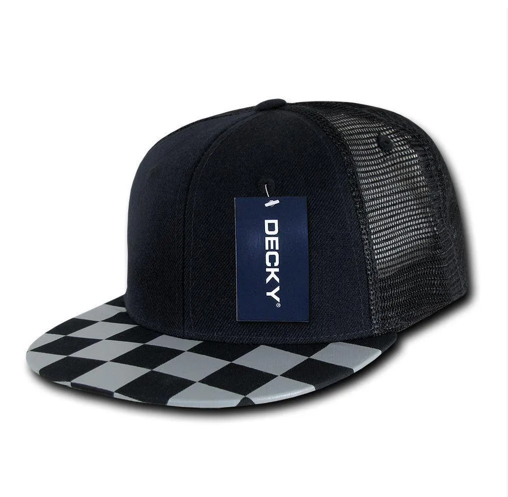 Decky Flat Bill Checkered Racing Flag 6 Panel Trucker Hats Caps Snapback