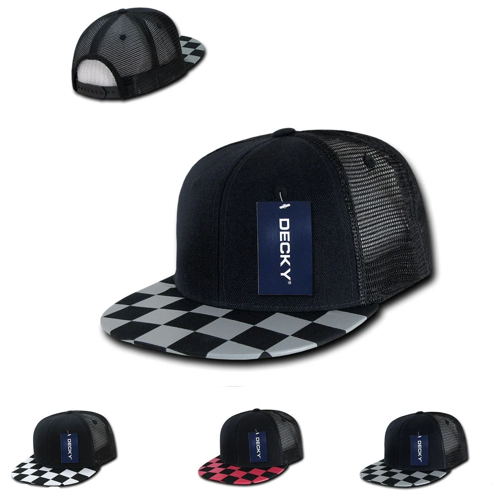 Decky Flat Bill Checkered Racing Flag 6 Panel Trucker Hats Caps Snapback