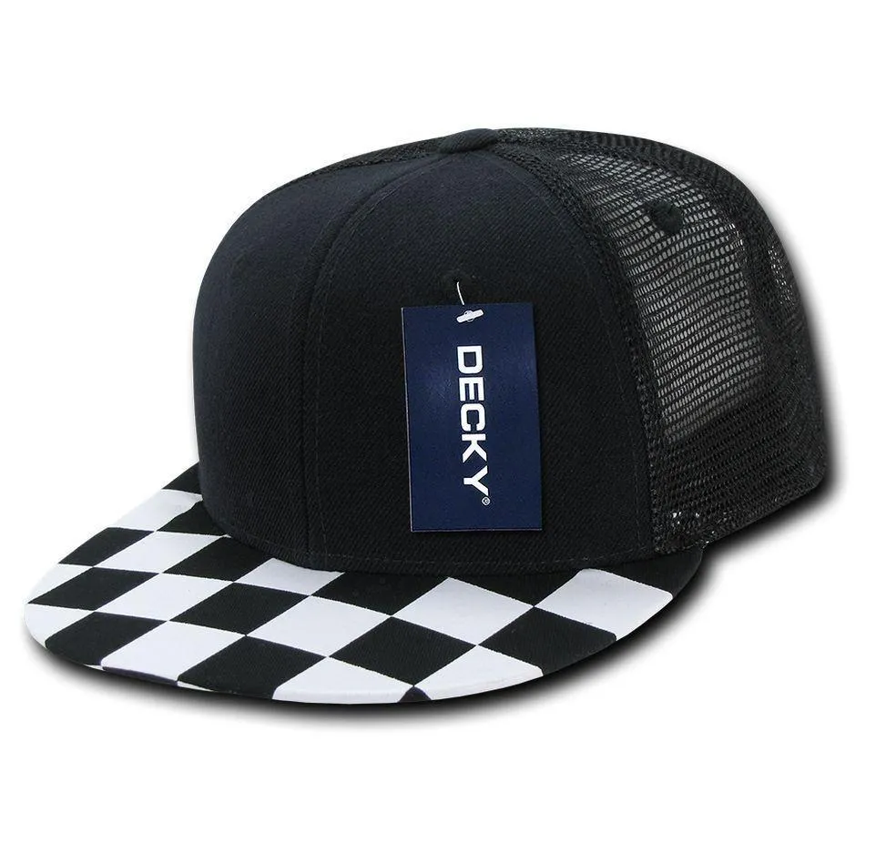 Decky Flat Bill Checkered Racing Flag 6 Panel Trucker Hats Caps Snapback