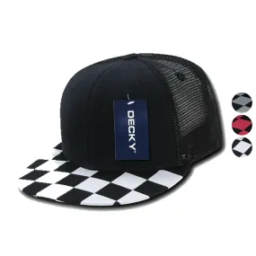 Decky Flat Bill Checkered Racing Flag 6 Panel Trucker Hats Caps Snapback