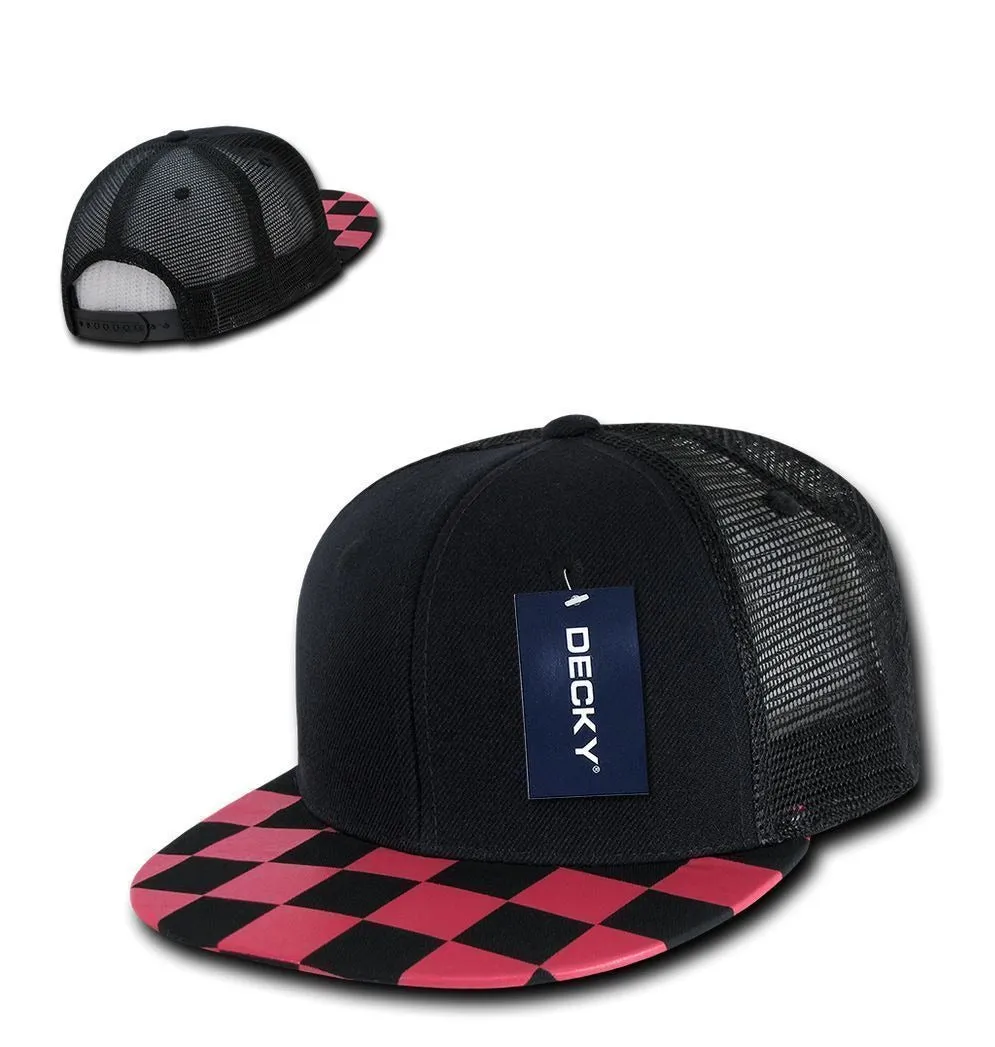 Decky Flat Bill Checkered Racing Flag 6 Panel Trucker Hats Caps Snapback