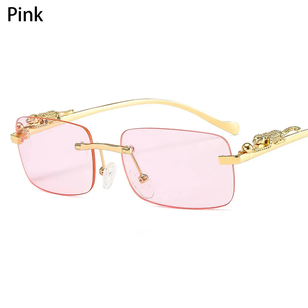 Fashion Retro Rimless Rectangle Sunglasses Cheetah Decoration Eyewear Ocean Lens Sun Glasses Women Men Sun Glasses Shades UV400