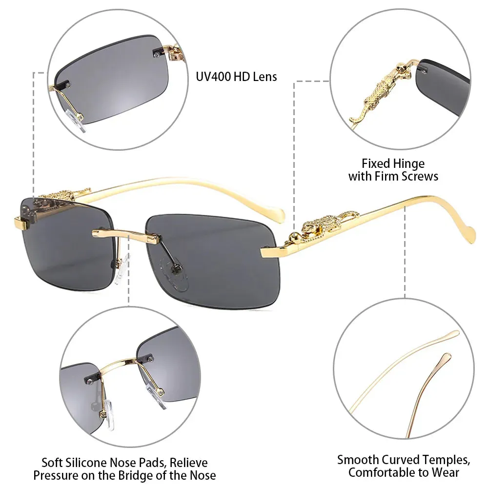 Fashion Retro Rimless Rectangle Sunglasses Cheetah Decoration Eyewear Ocean Lens Sun Glasses Women Men Sun Glasses Shades UV400