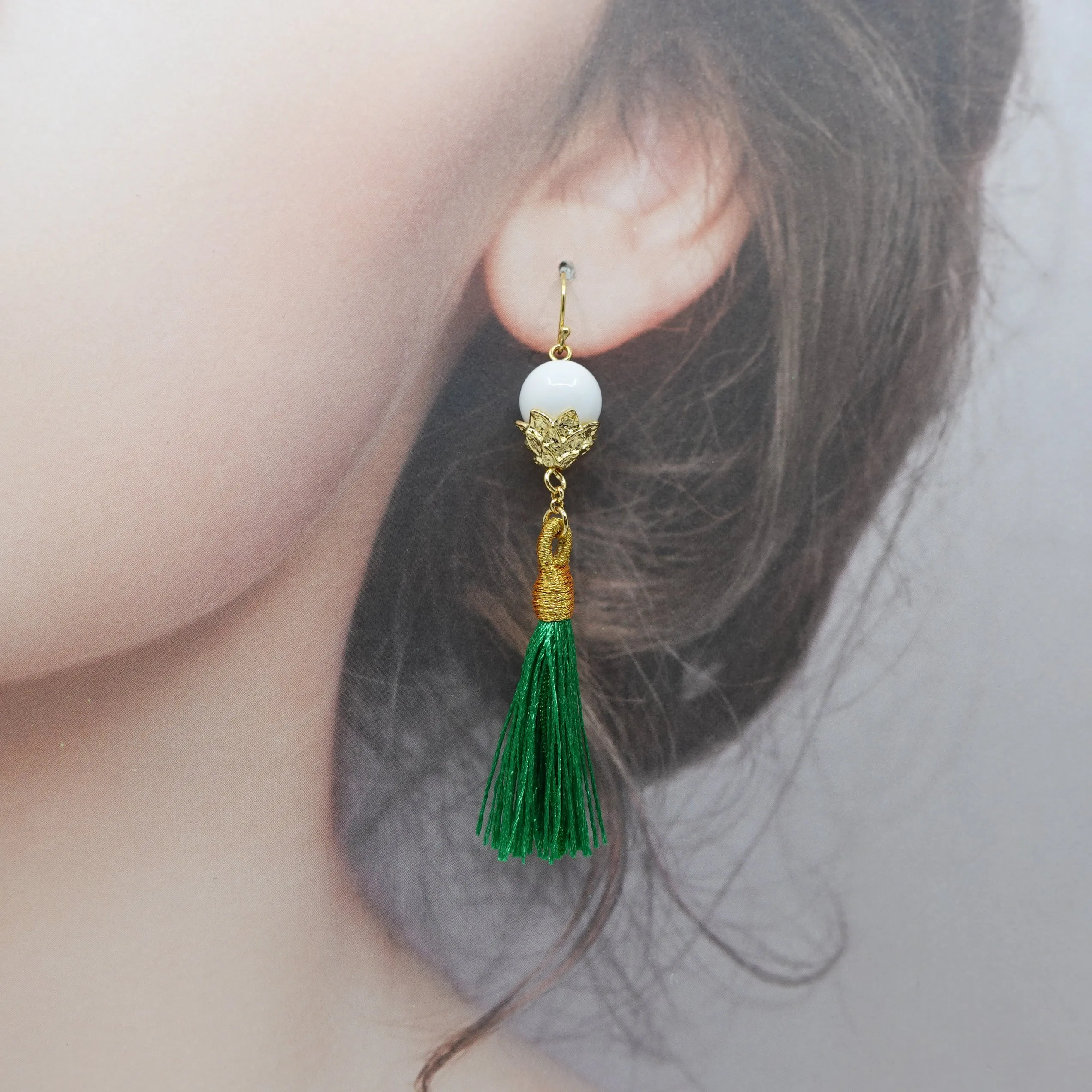 Little Lotus Silk Tassel Earrings - Green