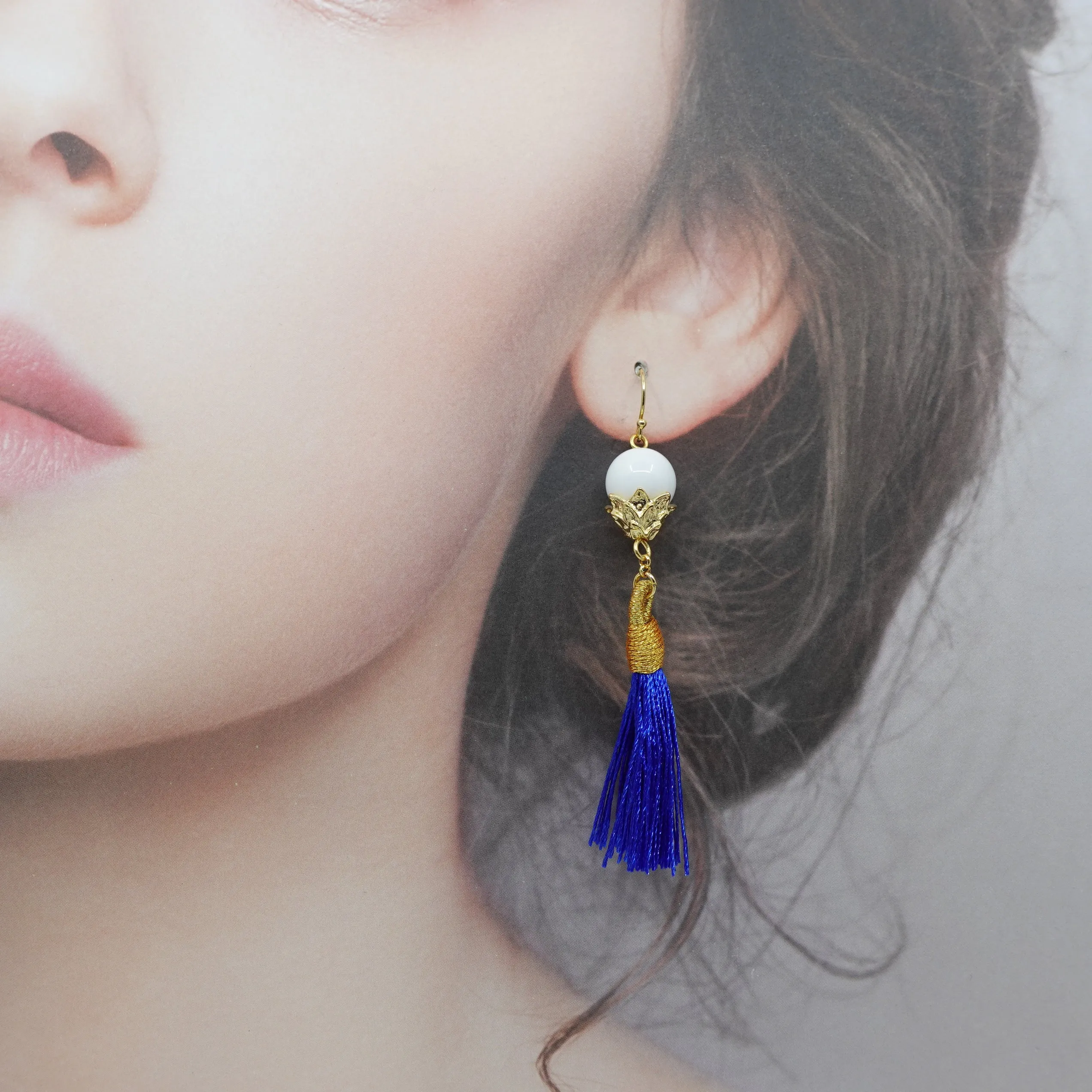 Little Lotus Silk Tassel Earrings - Royal Blue