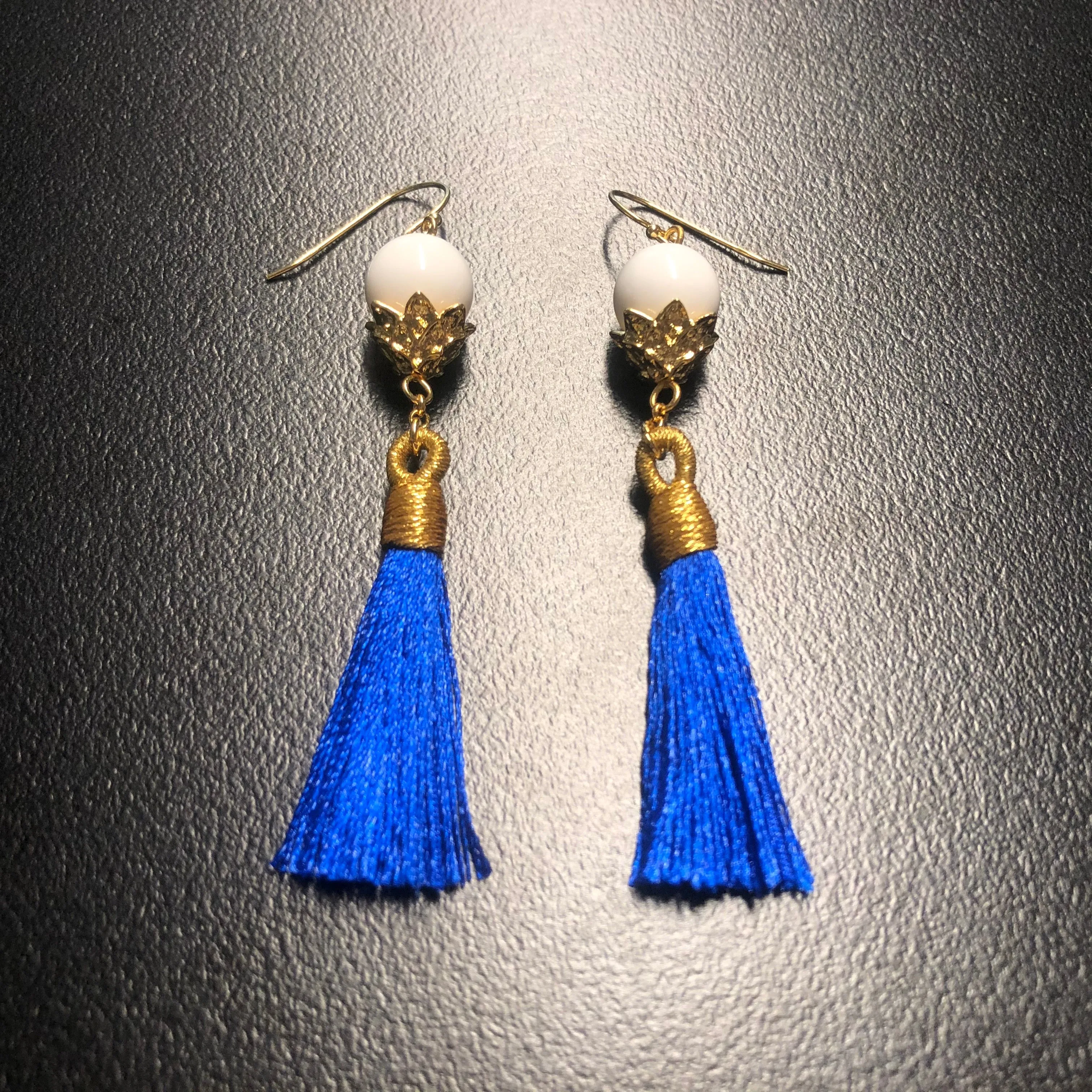 Little Lotus Silk Tassel Earrings - Royal Blue