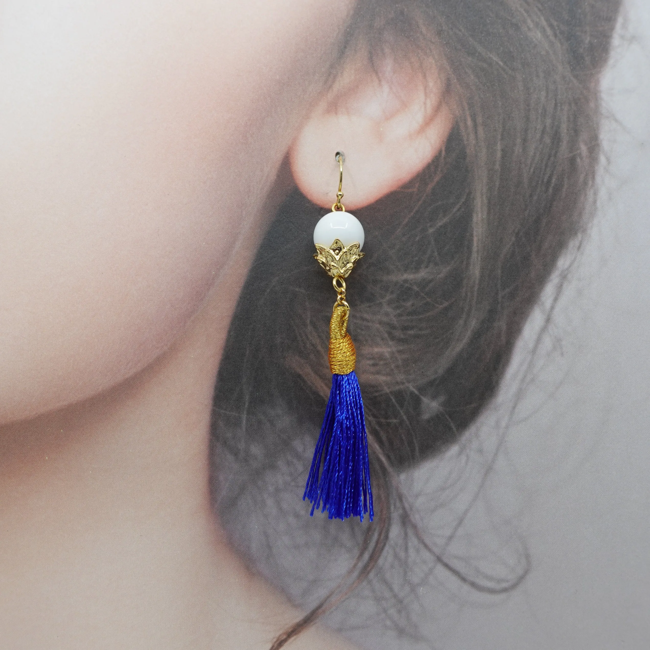 Little Lotus Silk Tassel Earrings - Royal Blue