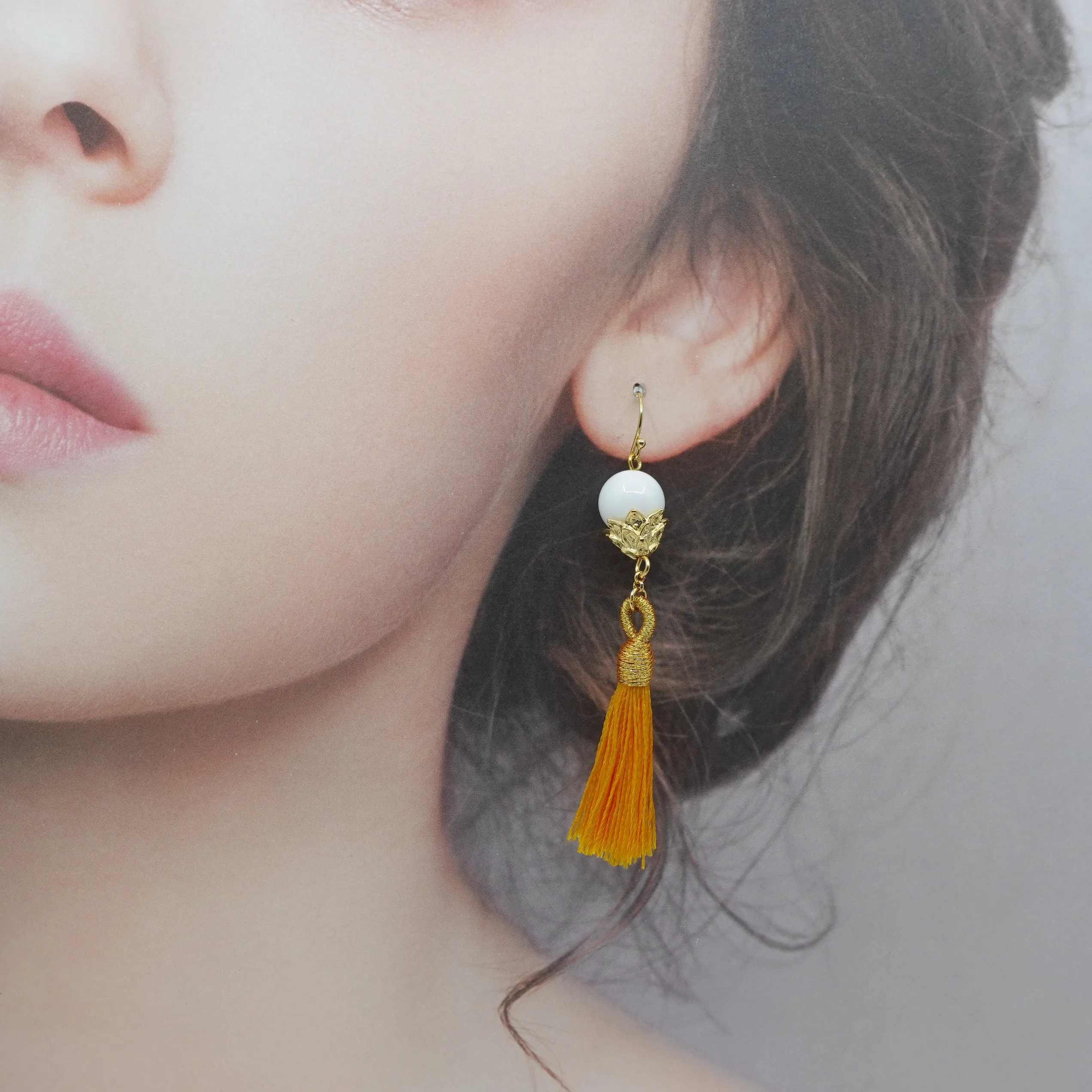 Little Lotus Silk Tassel Earrings - Yellow