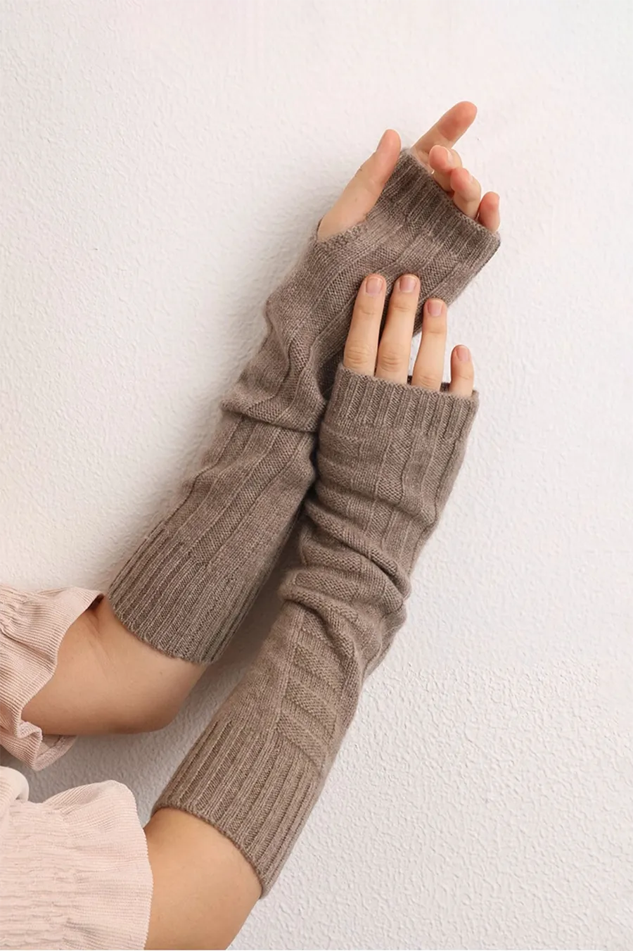 Long-cuff 100 Cashmere Knit Fingerless Gloves