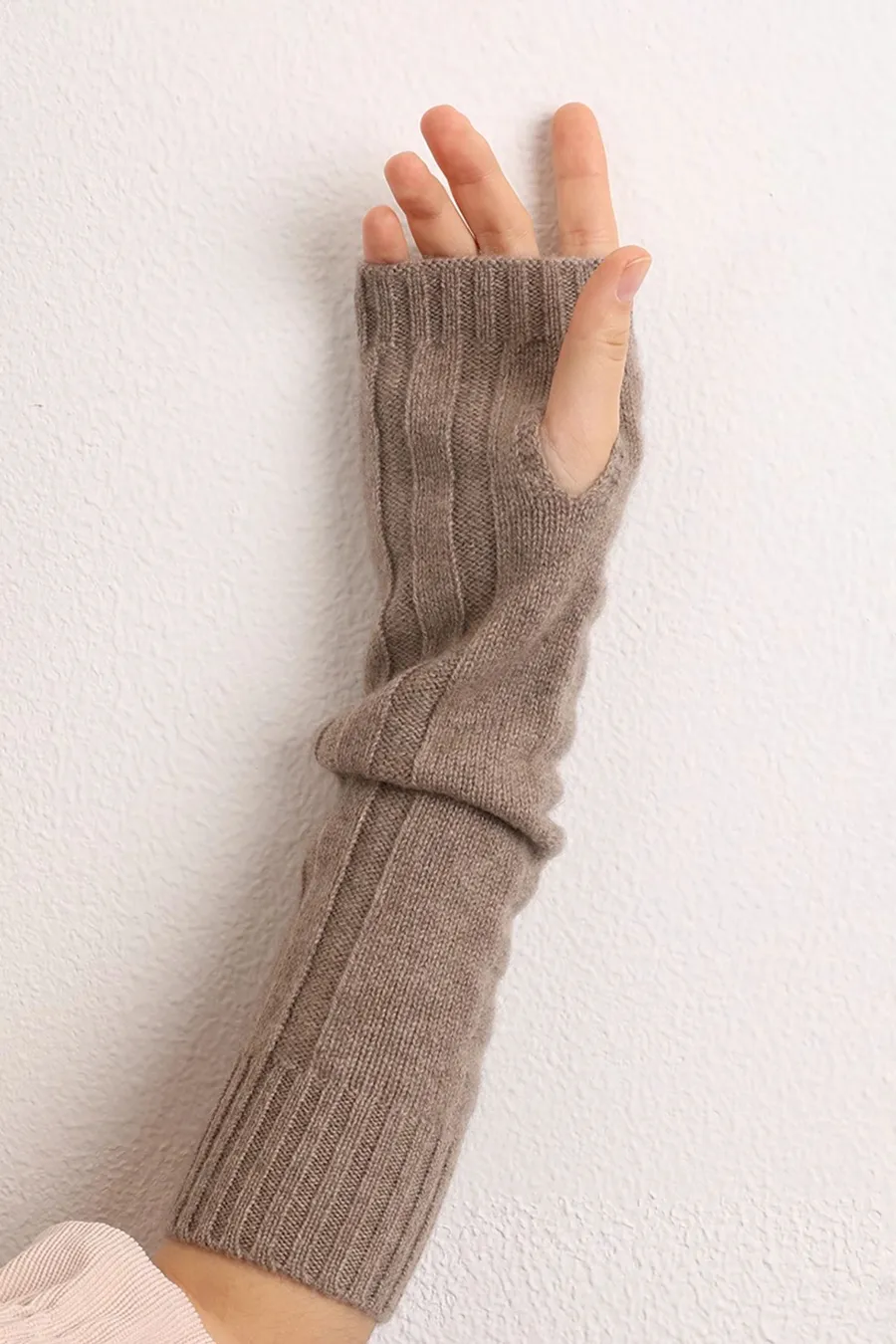 Long-cuff 100 Cashmere Knit Fingerless Gloves