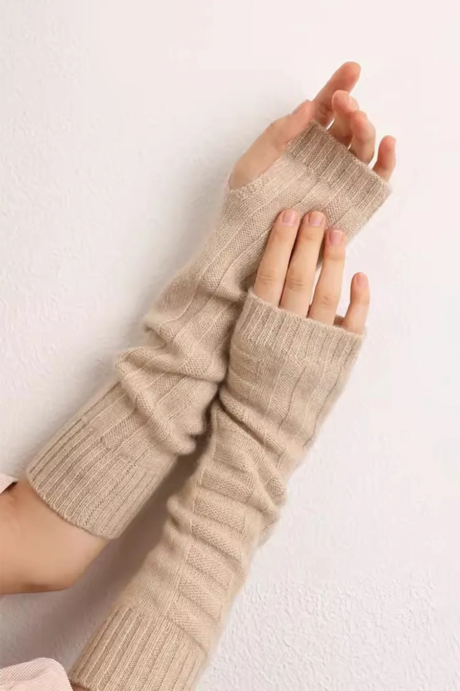 Long-cuff 100 Cashmere Knit Fingerless Gloves