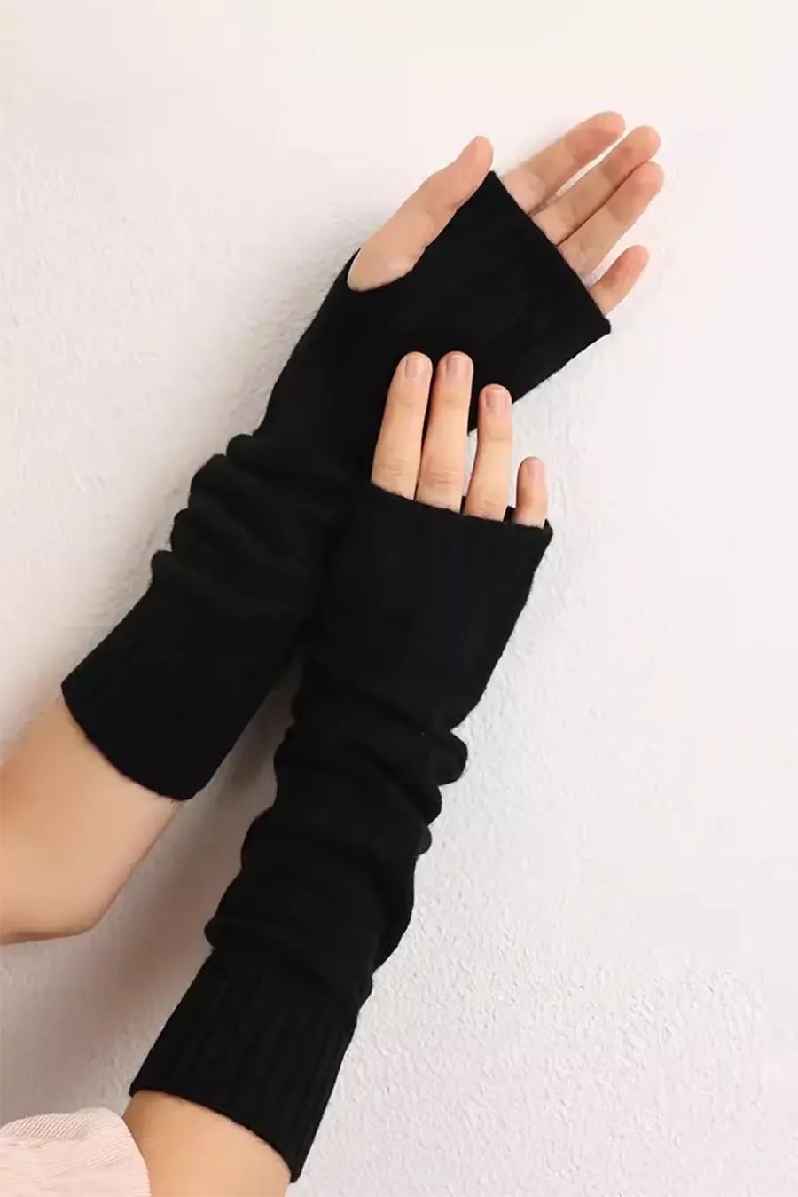 Long-cuff 100 Cashmere Knit Fingerless Gloves