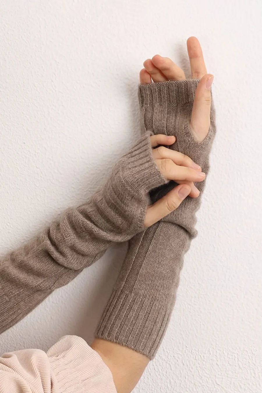 Long-cuff 100 Cashmere Knit Fingerless Gloves