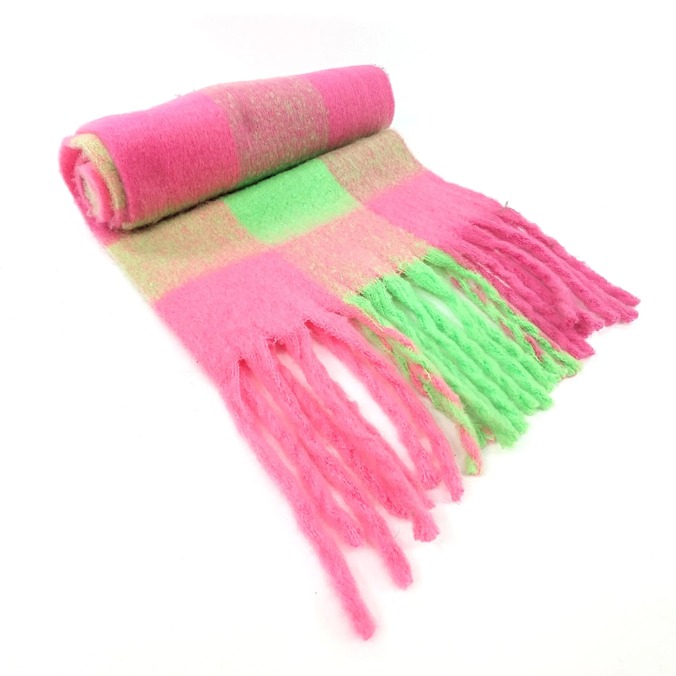 Mikre - Extra Thick Neon Tasseled Scarf (40x195cm) - Neon Green/Pink