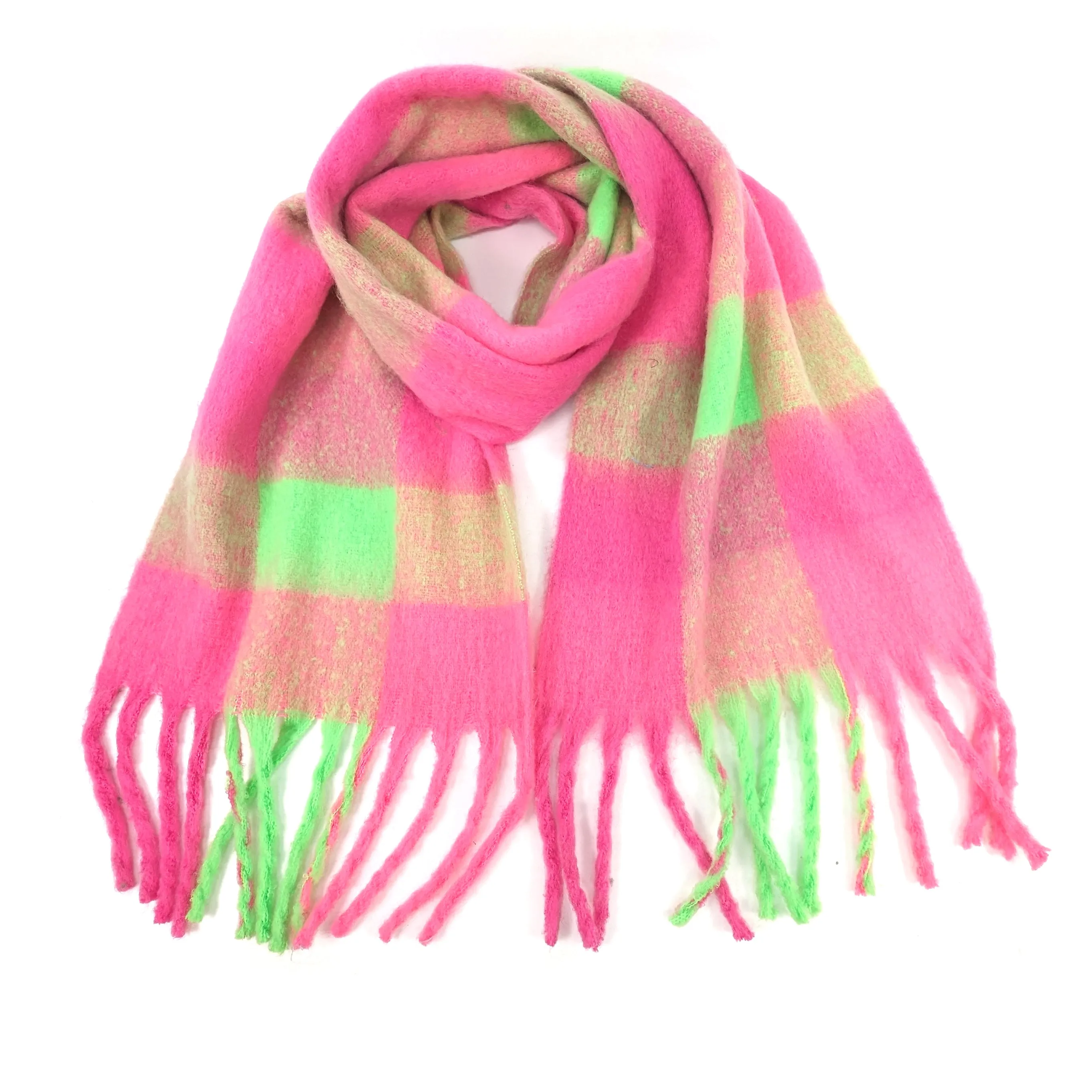 Mikre - Extra Thick Neon Tasseled Scarf (40x195cm) - Neon Green/Pink