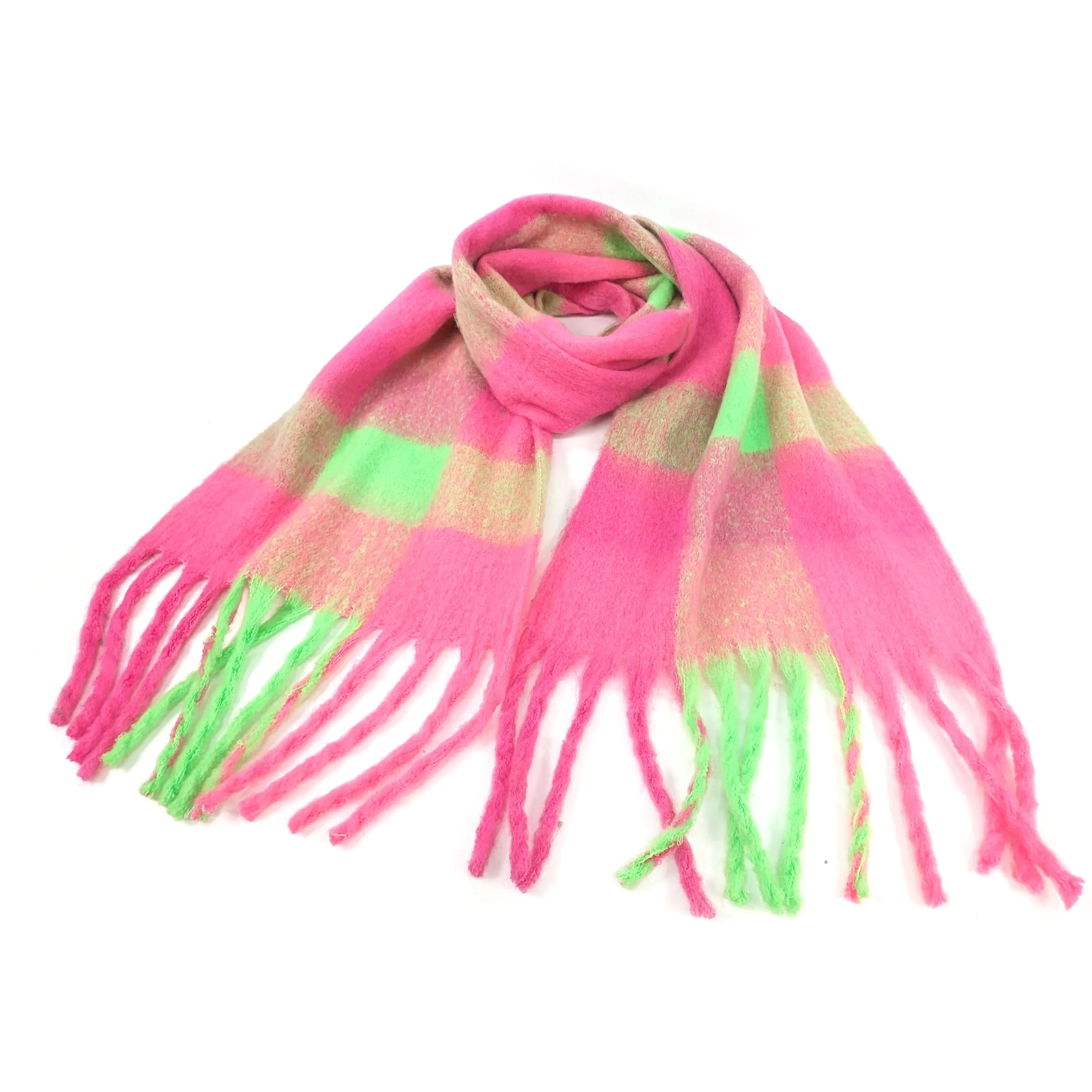 Mikre - Extra Thick Neon Tasseled Scarf (40x195cm) - Neon Green/Pink