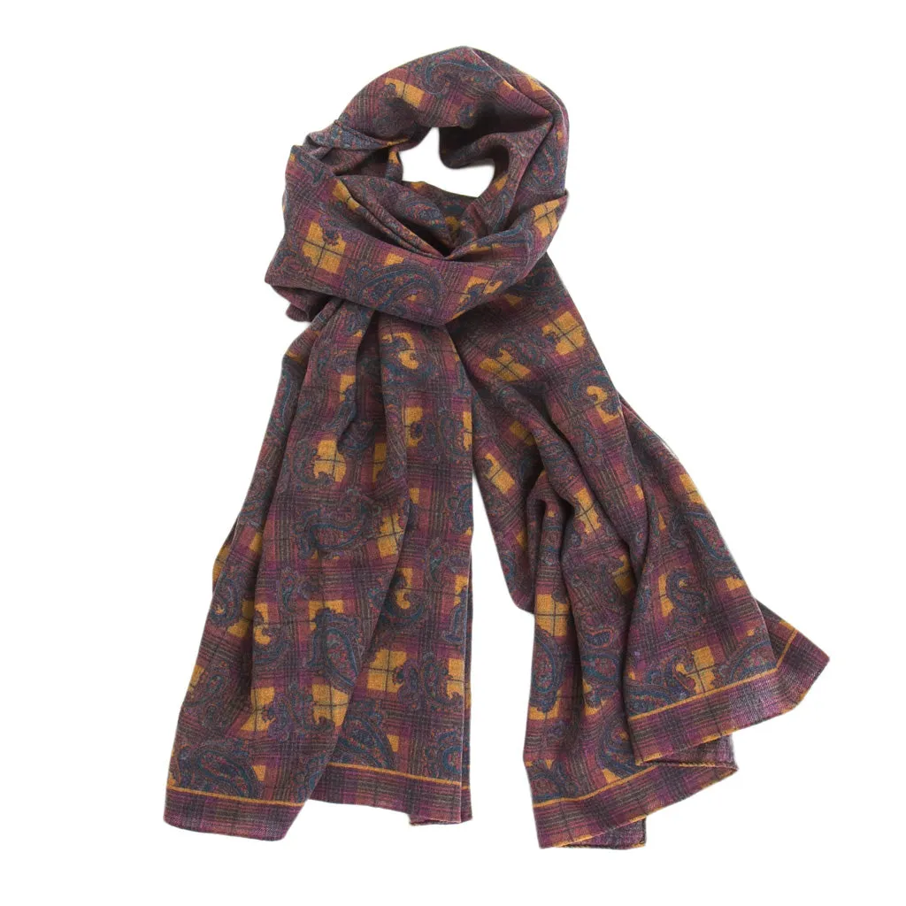 Paisley Plaid Luxe Scarf in Cognac with Burgundy and Navy