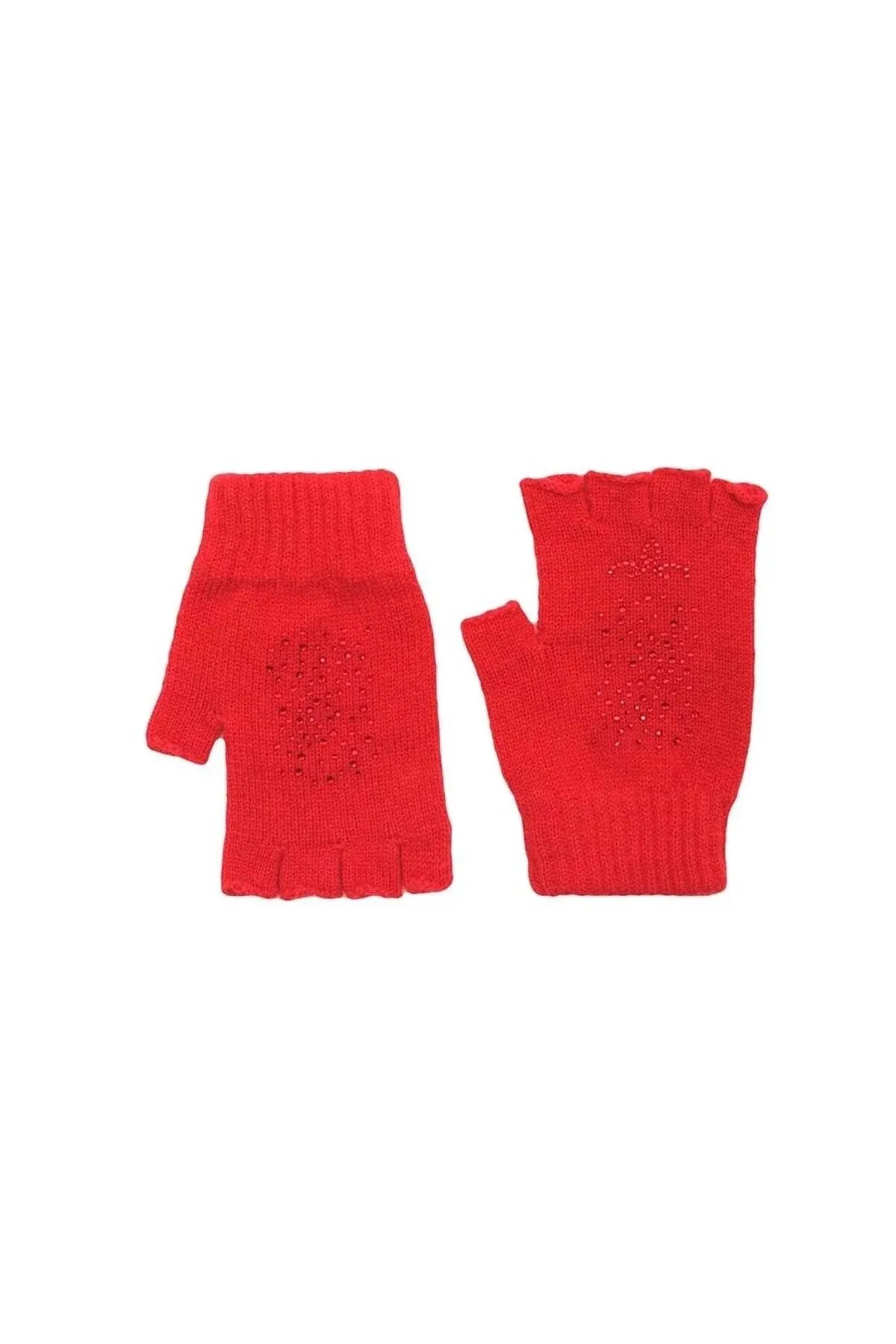 Red Lucia Wool Cashmere Stone Detail Fingerless Gloves