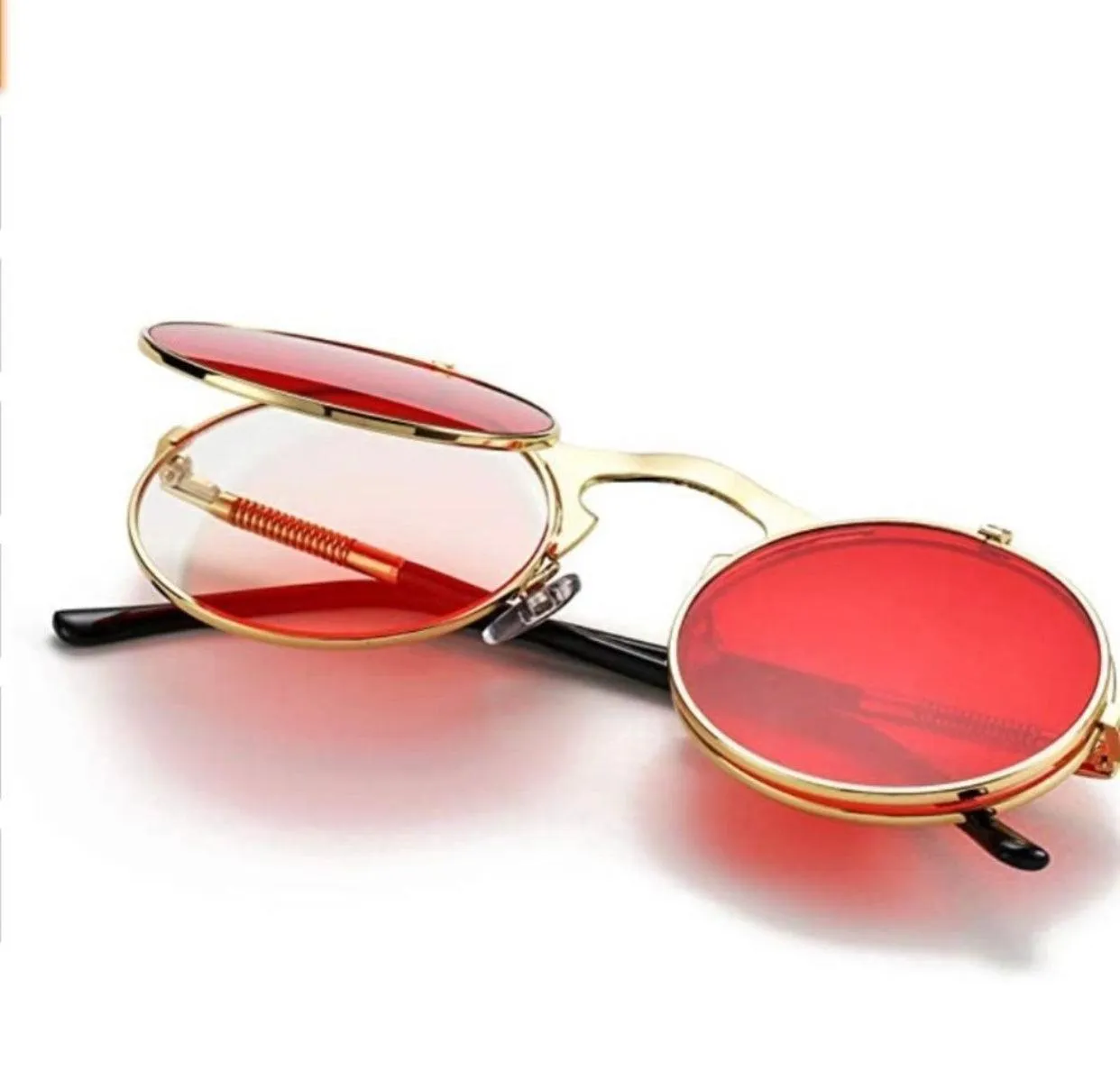 Retro Red Mirror Flip-Up Round Sunglasses