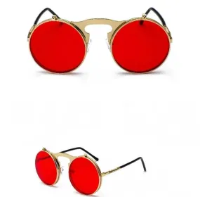 Retro Red Mirror Flip-Up Round Sunglasses