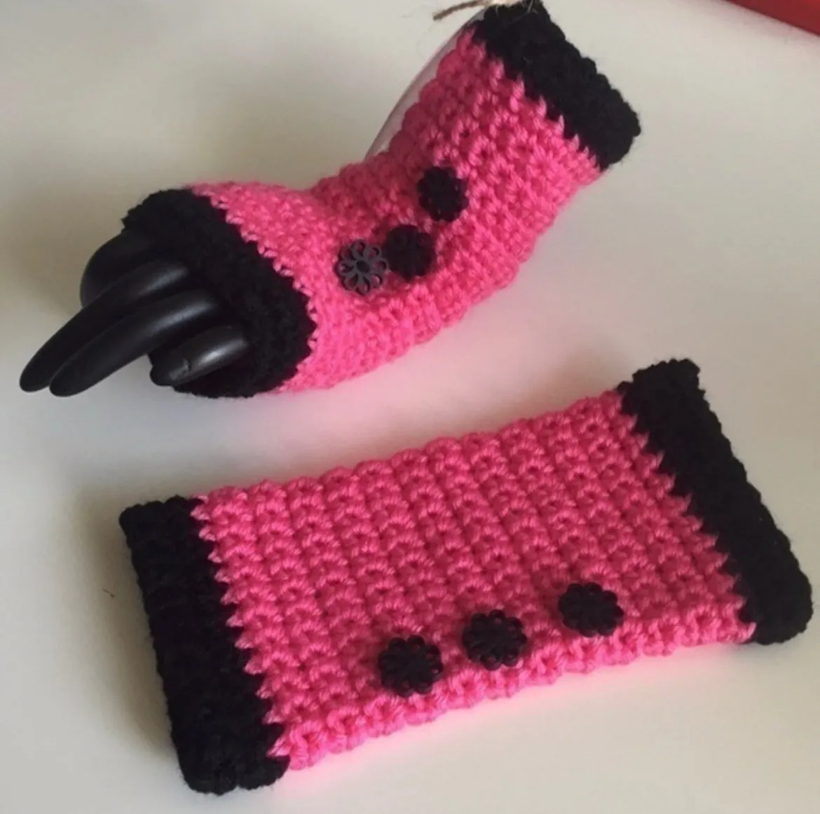 Texting Gaming Wrist Warmers Solid Hot Neon Pink Black Button & Double Trim Accent Crochet Knit Fall Winter Writing Tech Fingerless Gloves Embellished