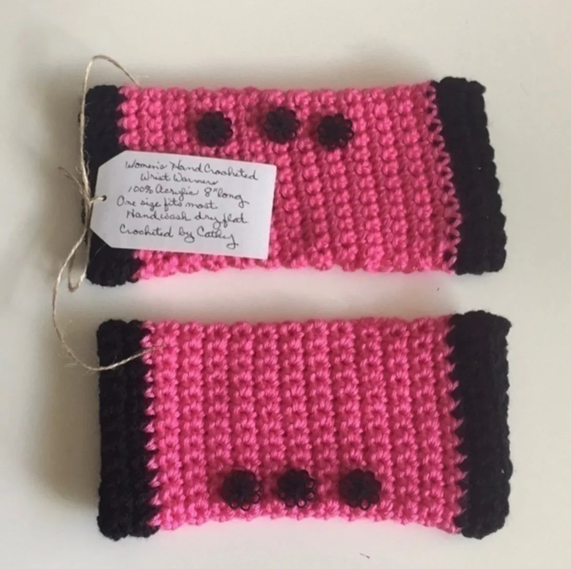 Texting Gaming Wrist Warmers Solid Hot Neon Pink Black Button & Double Trim Accent Crochet Knit Fall Winter Writing Tech Fingerless Gloves Embellished